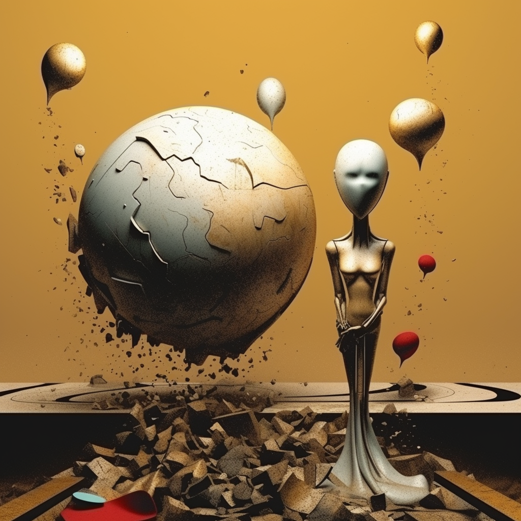 Surrealistische Figur neben einer zerbrechenden Kugel in goldener Atmosphäre, Symbol für Schöpfung und Neubeginn
