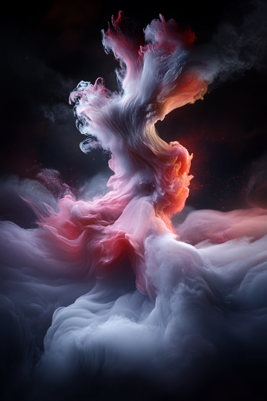 Abstrakte, wolkenartige Komposition aus Rot, Grau und Weiß – eine dynamische Form, die an eine tanzende, menschliche Gestalt erinnert.
