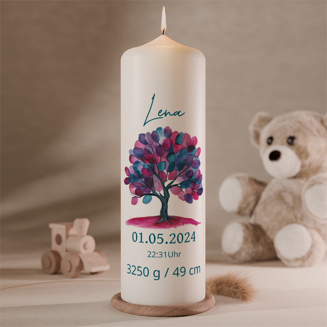 personalisierte geburtskerze baum bunt mit name und geburtsdaten