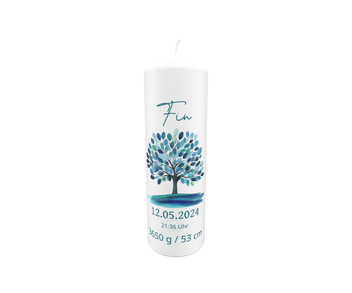 Personalisierte Geburtskerze mit blauem Lebensbaum und Geburtsdaten