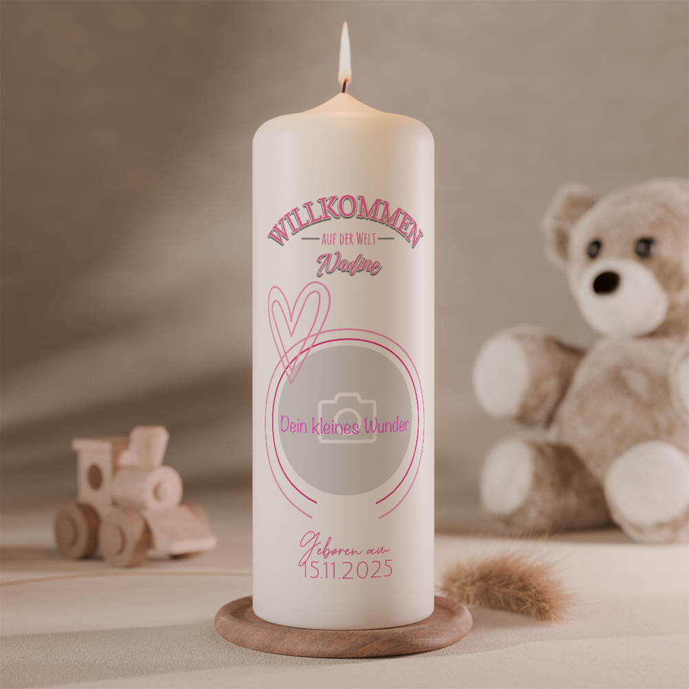 Geburtskerze mit Foto personalisiert mit Name und Geburtsdaten als Erinnerung zur Geburt