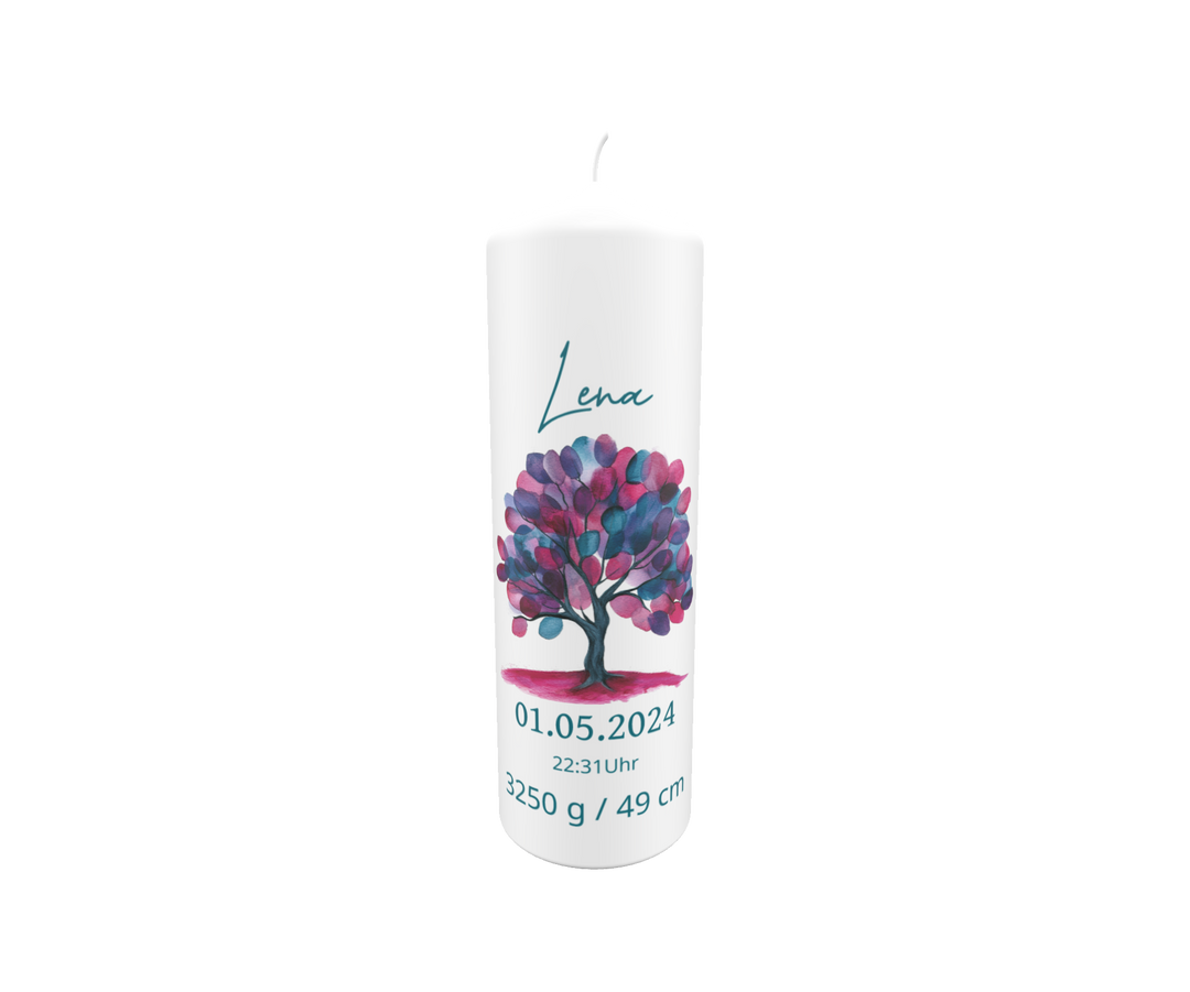 Personalisierte Geburtskerze mit buntem Lebensbaum und Geburtsdaten