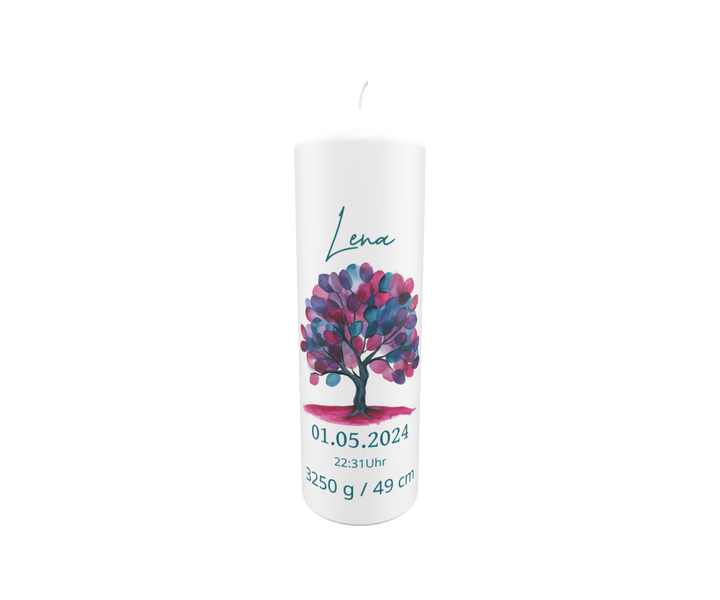 Personalisierte Geburtskerze mit buntem Lebensbaum und Geburtsdaten