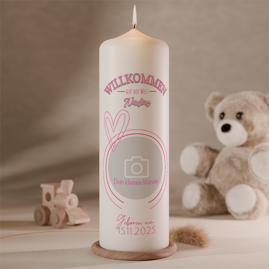 personalisierte geburtskerze mit babyfoto name und geburtsdaten