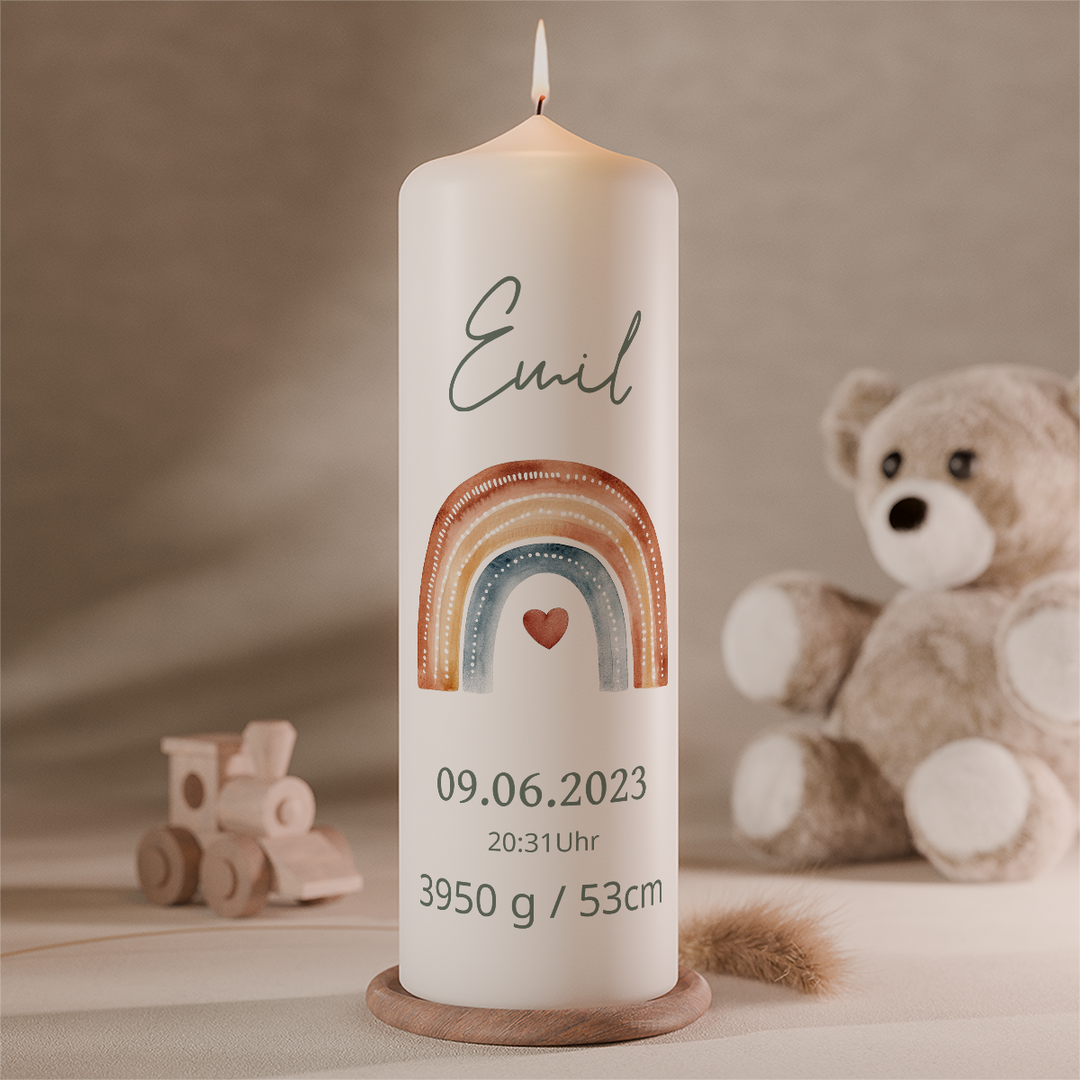 personalisierte geburtskerze regenbogen mit name und geburtsdaten