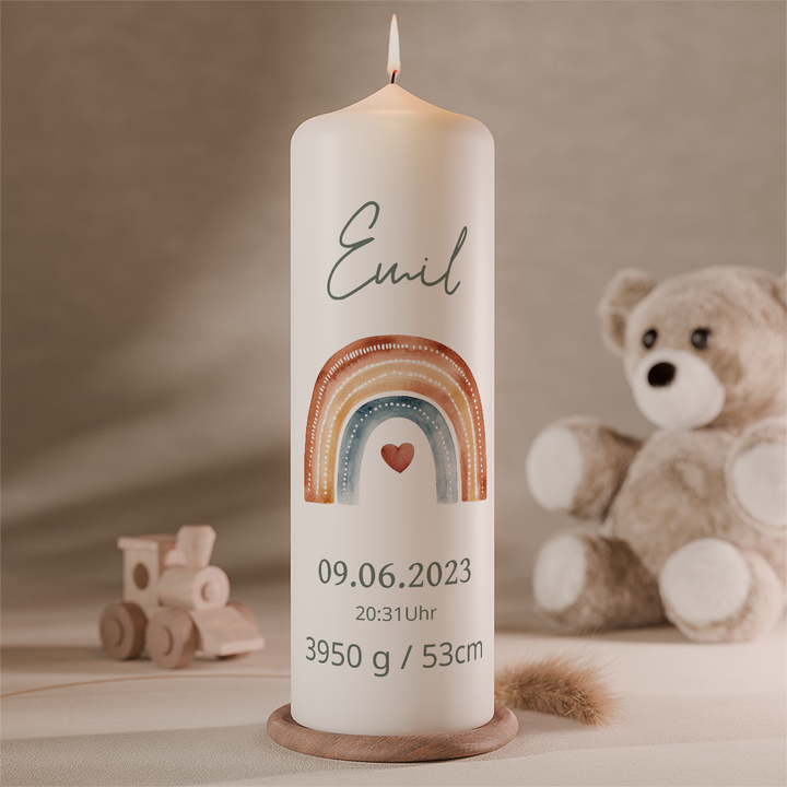 personalisierte geburtskerze regenbogen mit name und geburtsdaten