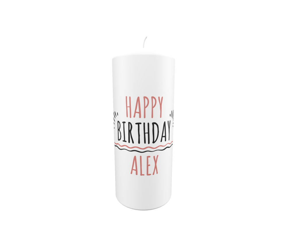 Handgefertigte Geburtstagskerze mit modernem Schriftzug „Happy Birthday Alex“ in Rosa und Schwarz, stilvoll und minimalistisch gestaltet.