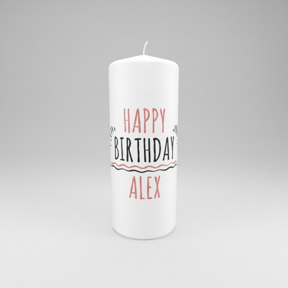 Personalisierte Geburtstagskerze „Happy Birthday“ in 150 × 60 mm mit Name und stilvollem Geburtstagsmotiv.