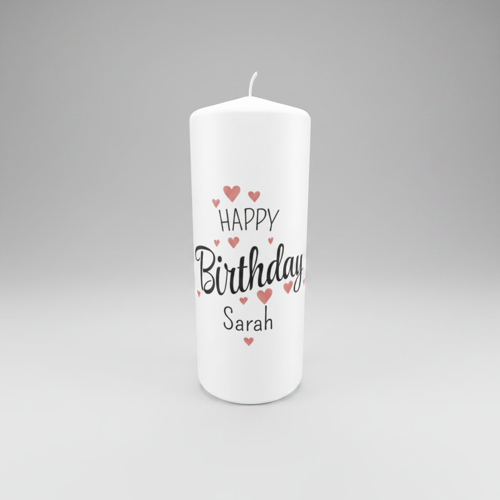 Personalisierte Geburtstagskerze „Herzlich“ in Weiß, Größe 150 × 60 mm, mit elegantem Herzmotiv und individueller Personalisierung.