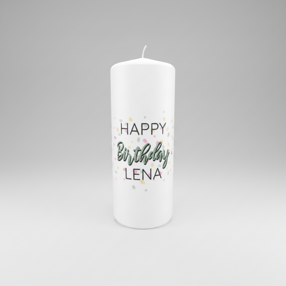 Personalisierte Geburtstagskerze „Konfettigruß“ in Weiß, Größe 150 × 60 mm, mit elegantem Happy-Birthday-Konfettidesign und persönlichem Namen.