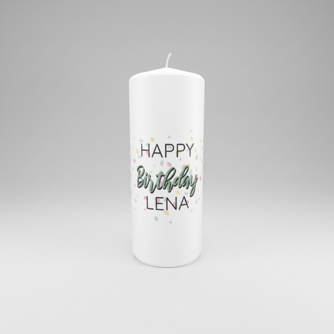 Personalisierte Geburtstagskerze „Konfettigruß“ in Weiß, Größe 150 × 60 mm, mit elegantem Happy-Birthday-Konfettidesign und persönlichem Namen.