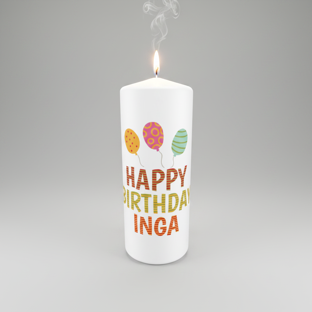Personalisierte Geburtstagskerze „Luftballonspaß“ in Weiß, Größe 150 × 60 mm, mit fröhlichem Happy-Birthday-Luftballonmotiv und persönlichem Namen.