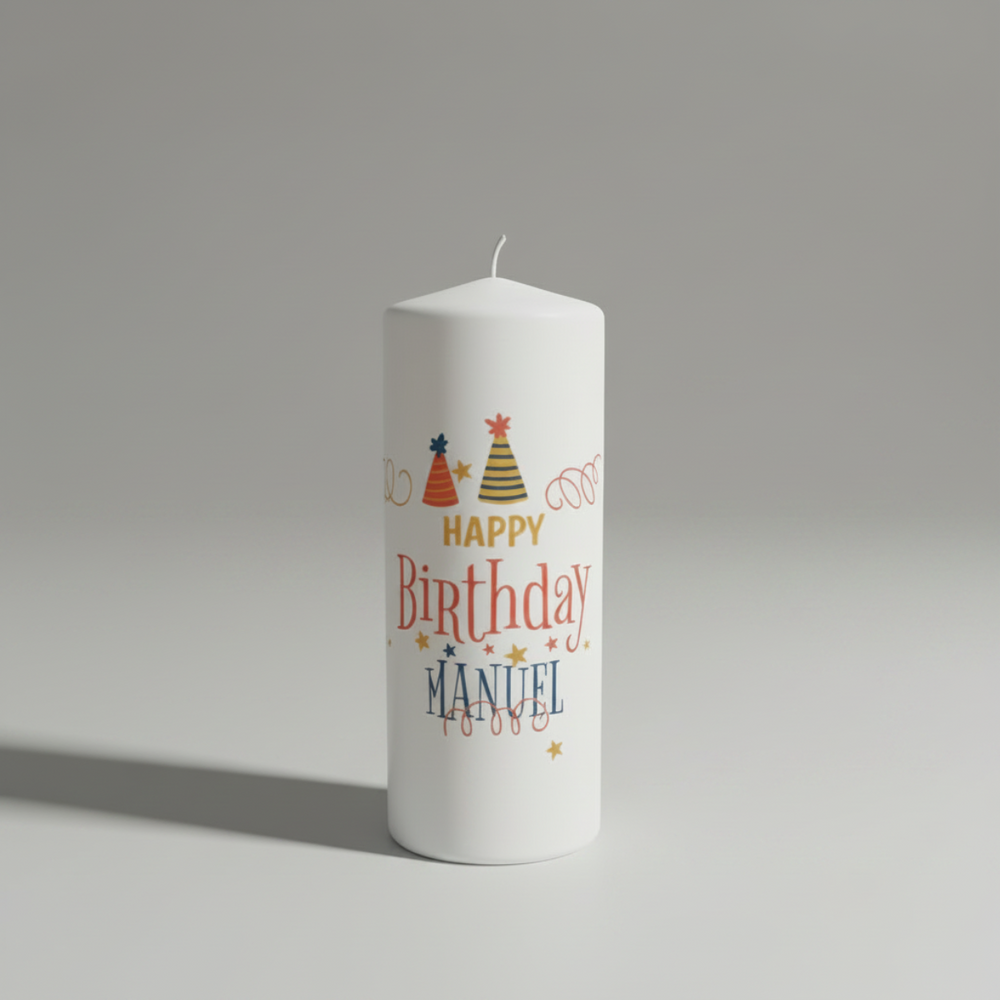 Personalisierte Geburtstagskerze „Partyhut-Fest“ in Weiß, Größe 150 × 60 mm, mit fröhlichem Happy-Birthday-Motiv und persönlichem Namen.