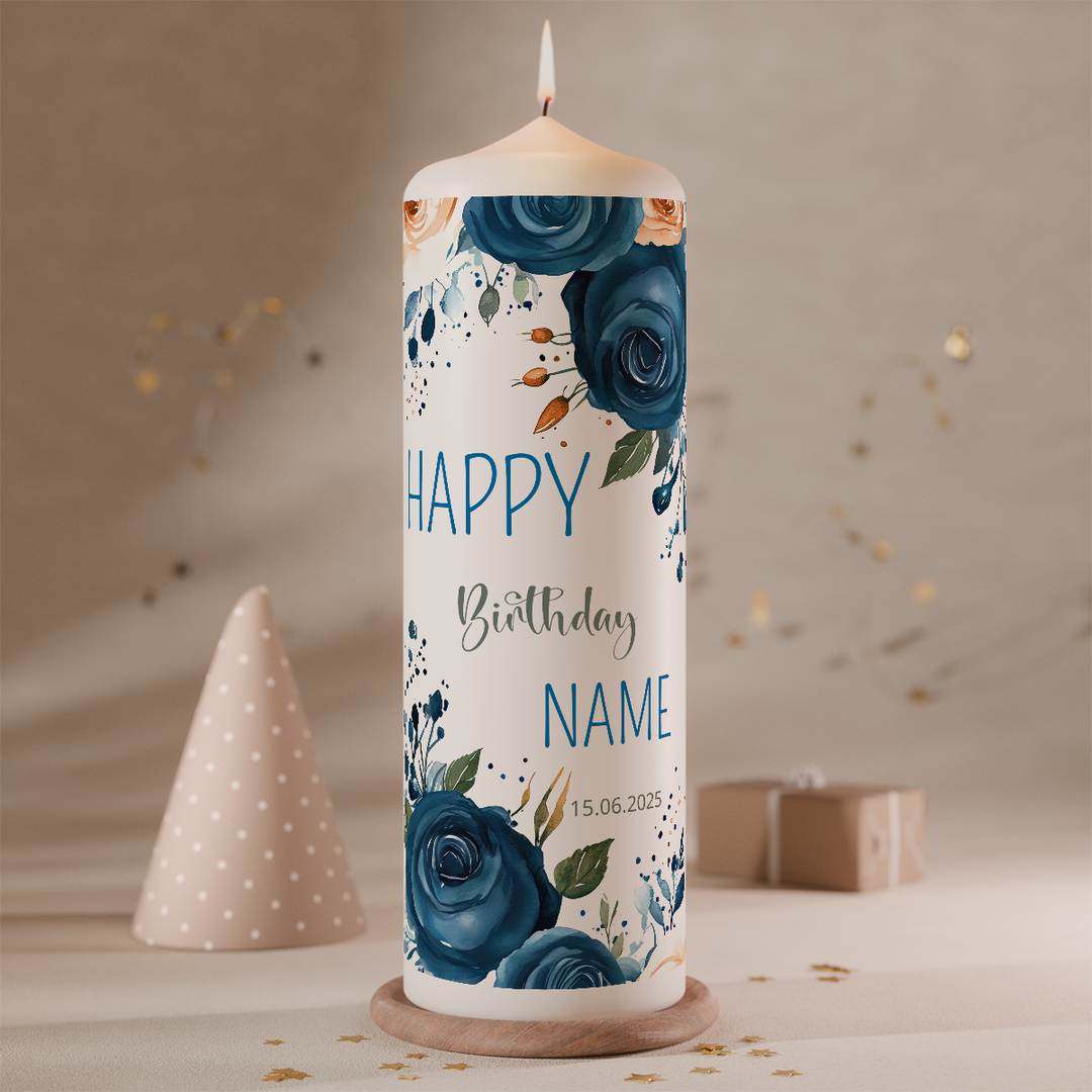 geburtstagskerze personalisiert mit name und datum blaue rosen mitternachtsbluete