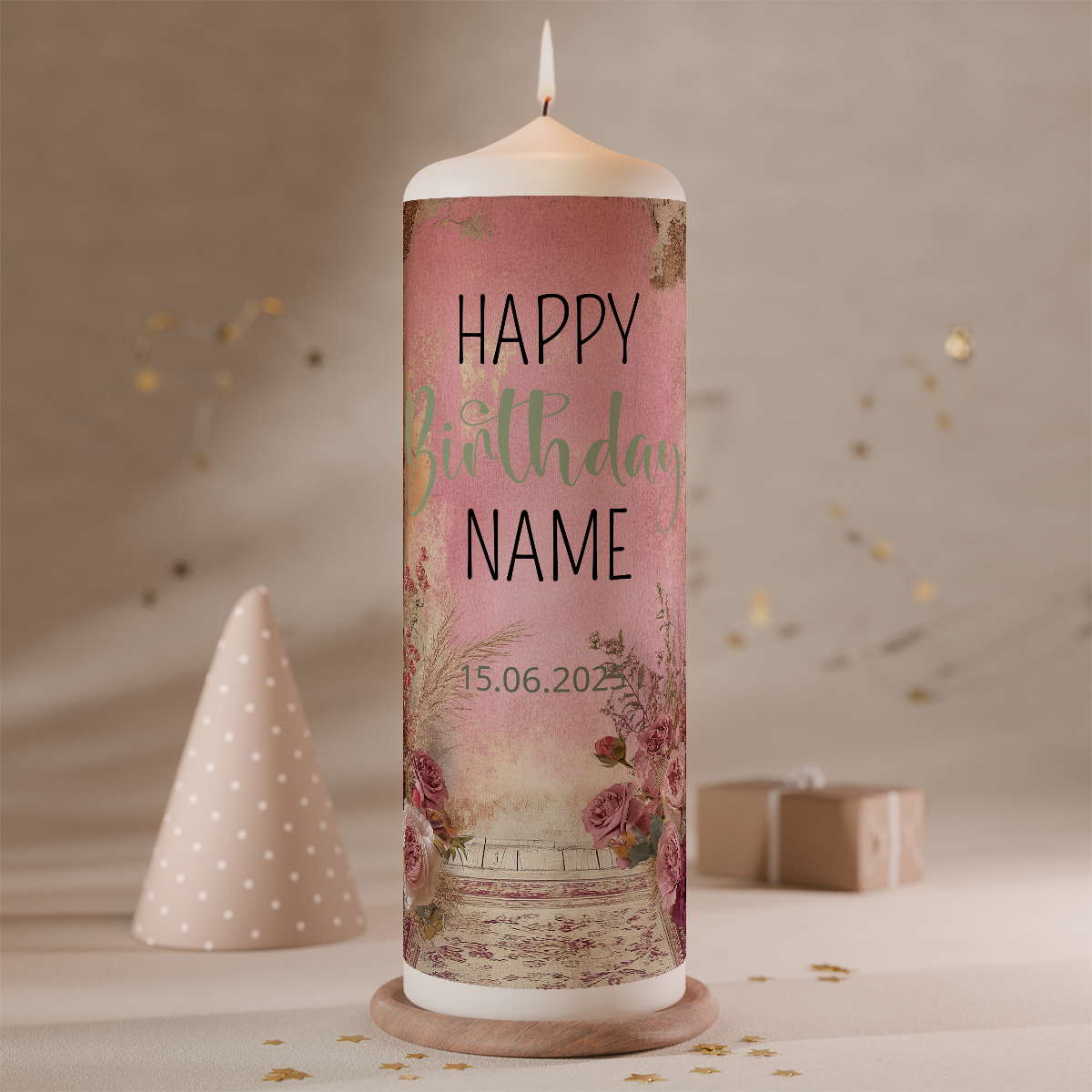 Personalisierte Geburtstagskerze Mit Namen & Datum – Wunderwunsch Kerze (M, L, XL) Rußarm Mit Holzkiste Oder Untersetzer – Regenbogen Beige