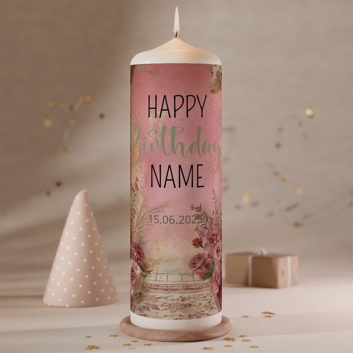 geburtstagskerze personalisiert wunschlicht rosa design mit name und datum