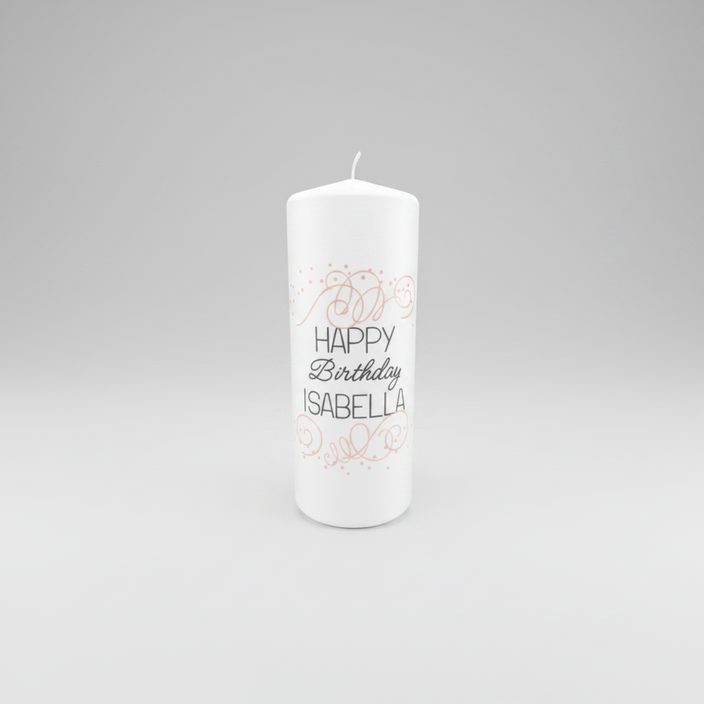 Personalisierte Geburtstagskerze „Zarte Grüße“ in Weiß, Größe 150 × 60 mm, mit romantischem Rosé-Motiv und individueller Personalisierung.