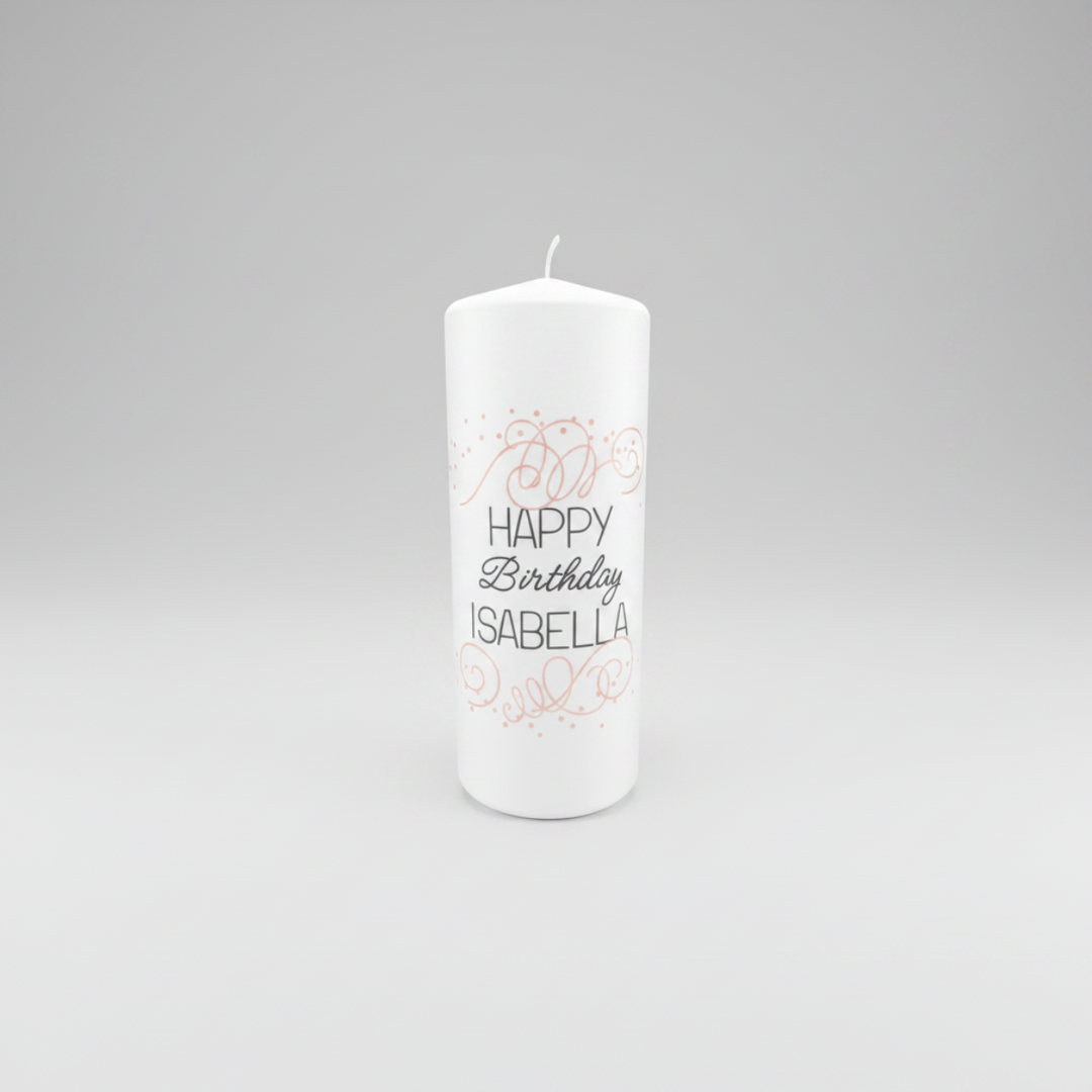 Personalisierte Geburtstagskerze „Zarte Grüße“ in Weiß, Größe 150 × 60 mm, mit romantischem Rosé-Motiv und individueller Personalisierung.