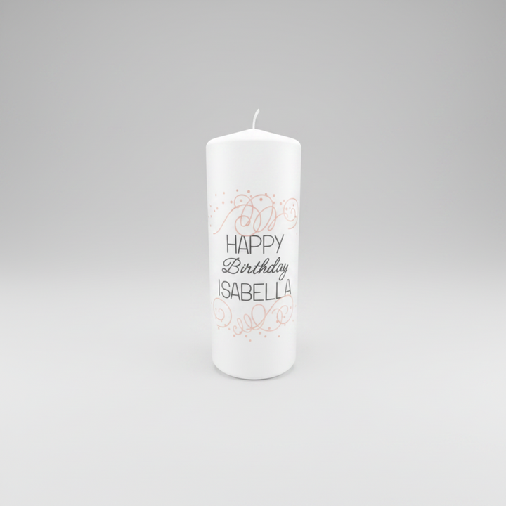 Personalisierte Geburtstagskerze „Zarte Grüße“ in Weiß, Größe 150 × 60 mm, mit romantischem Rosé-Motiv und individueller Personalisierung.