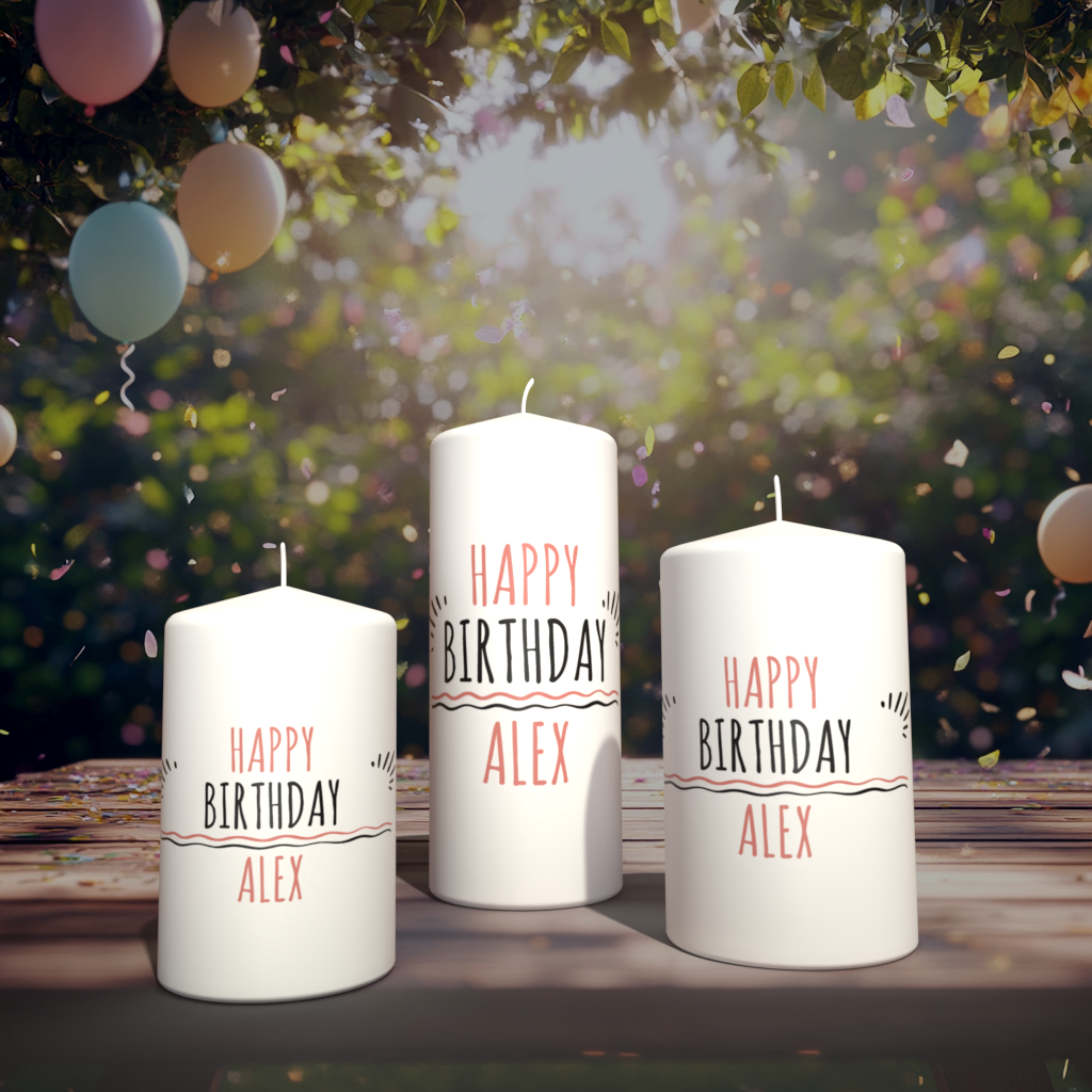 Drei handgefertigte Geburtstagskerzen mit Aufschrift „Happy Birthday Alex“ in festlicher Gartenkulisse mit Ballons und Sonnenlicht.