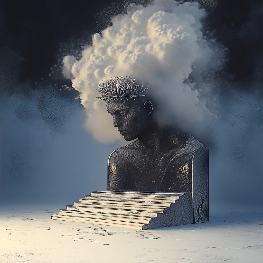 dunkle skulptur eines nachdenklichen mannes mit rauchwolke als kopf auf stufen
