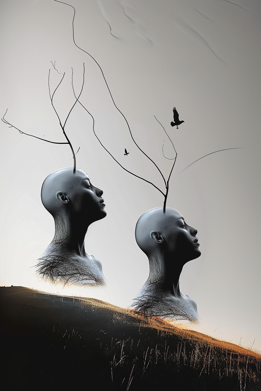 zwei stilisierte köpfe mit ästen und vögeln in surrealer landschaft

