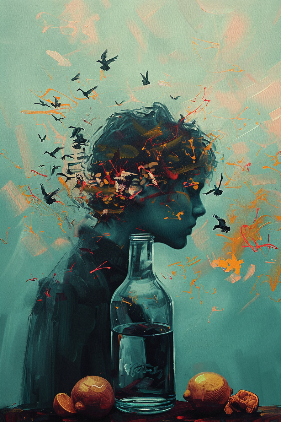 Surreales Porträt eines jungen Menschen, dessen Kopf in Vögel und Farben übergeht – eine Flasche im Vordergrund, umgeben von Orangen; ein Bild zwischen Traum, Geist und Bewegung.
