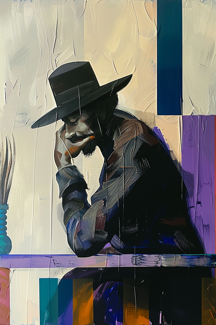 Gemälde eines nachdenklichen Mannes mit Hut, der an einem Tisch sitzt, in dunklen Farben und mit kräftigen Pinselstrichen ausgeführt.
