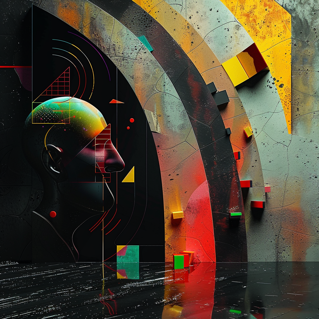 Abstraktes digitales Kunstwerk eines dunklen menschlichen Kopfes vor einer Wand aus geometrischen Formen und Lichtbögen in Gelb, Orange und Rot.
