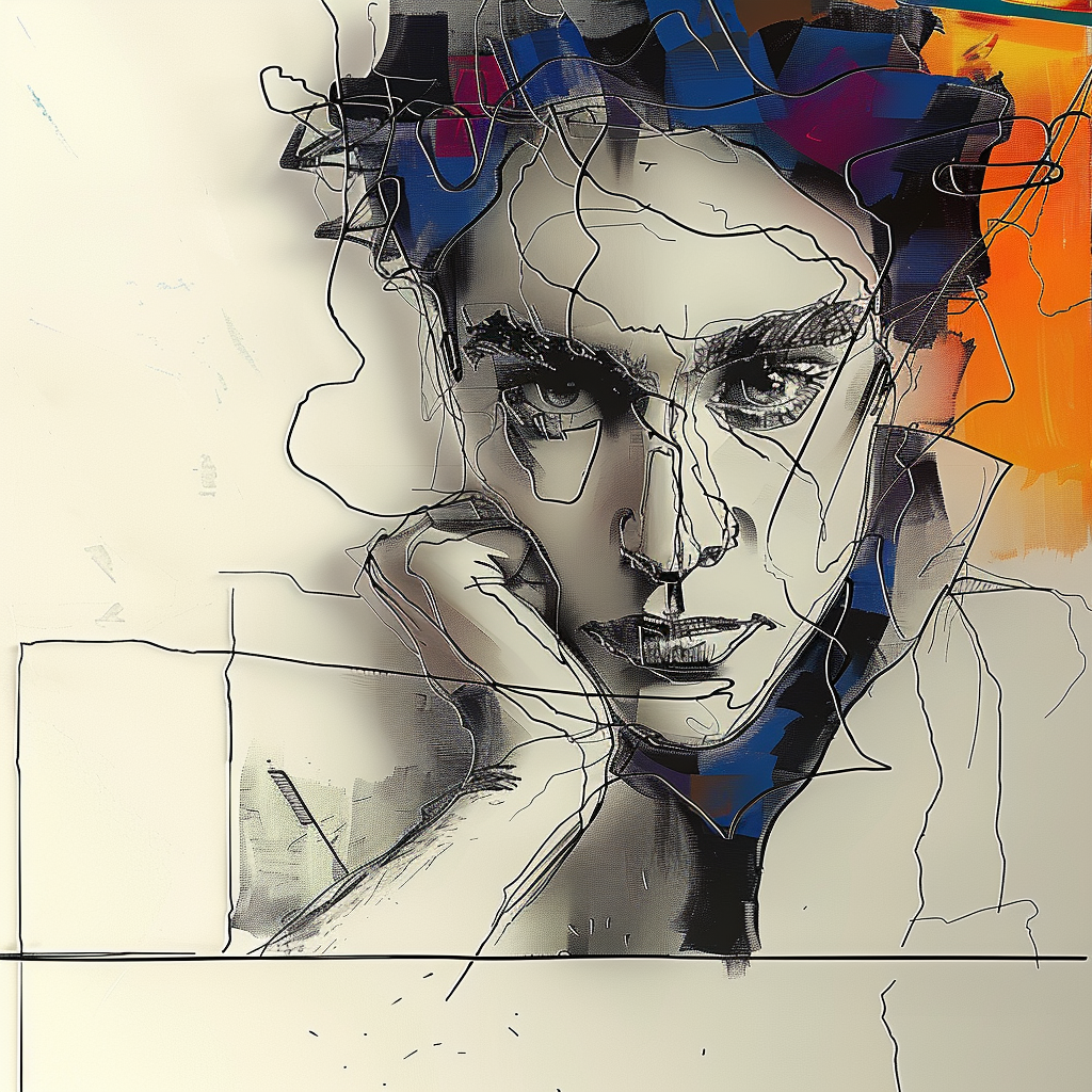 Ein abstraktes Porträt einer nachdenklichen Person, gezeichnet mit feinen, verwobenen Linien und Akzenten in Blau, Schwarz und Orange auf hellem Hintergrund.
