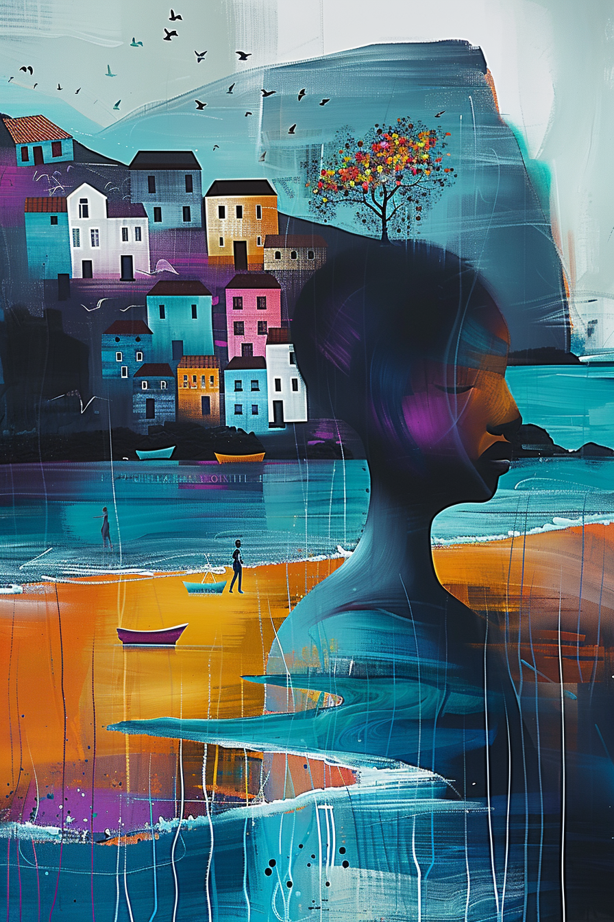 Surreale Komposition aus bunten Häusern an einer Küste und dem Profil einer Frau, aus deren Kopf ein Baum wächst – Verbindung von Landschaft, Architektur und innerer Welt.
