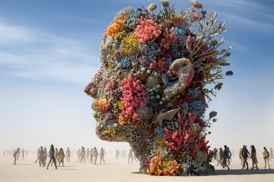 Eine monumentale Skulptur in Form eines menschlichen Kopfes, bedeckt mit bunten Korallen und Meereslebewesen, steht in einer Wüstenlandschaft mit Menschen im Hintergrund.
