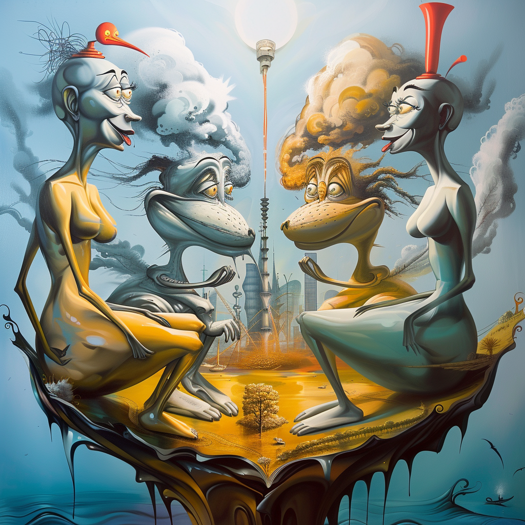 Vier surrealistische Figuren auf einer schwebenden Insel, die sich lebhaft unterhalten, umgeben von Rauch- und Turmelementen.
