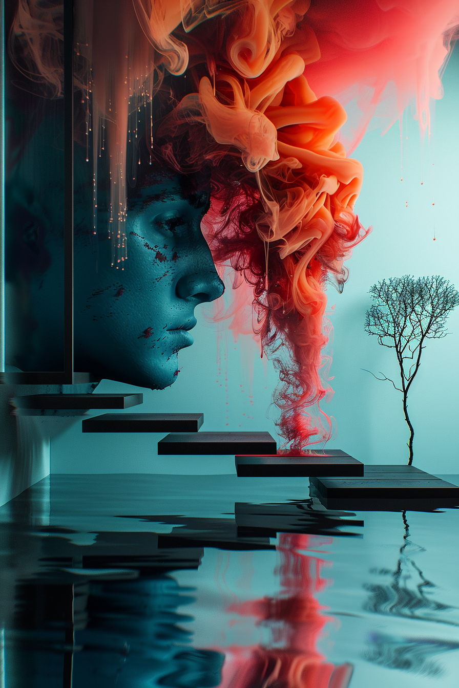 Ein surreales Porträt eines Gesichts mit rauchartigen, roten Formen, die aus dem Kopf emporsteigen – eine visuelle Metapher für Gedanken und Emotionen.
