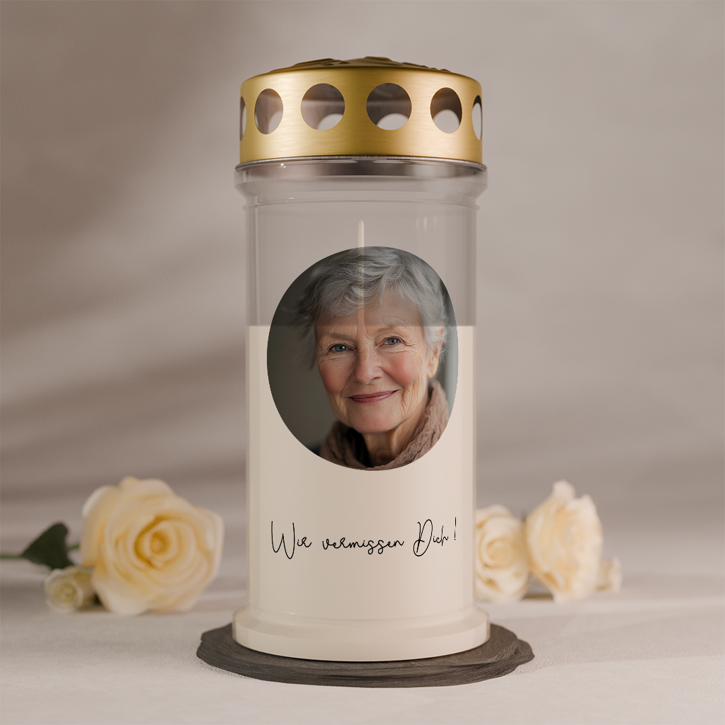 Detailansicht des Fotos auf einer personalisierten Gedenkkerze