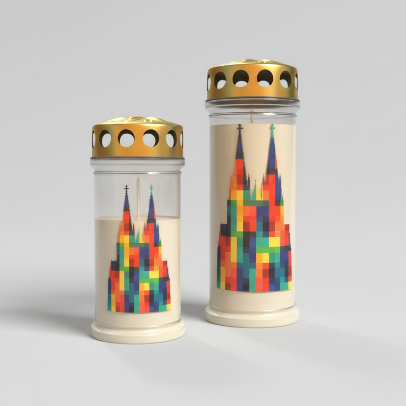 Gedenkkerzen mit Kölner-Dom-Motiv in Regenbogenfarben in 4 und 7 Tage Brenndauer