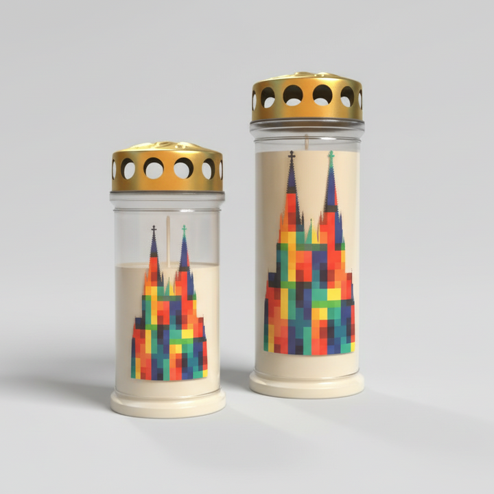 Gedenkkerzen mit Kölner-Dom-Motiv in Regenbogenfarben in 4 und 7 Tage Brenndauer