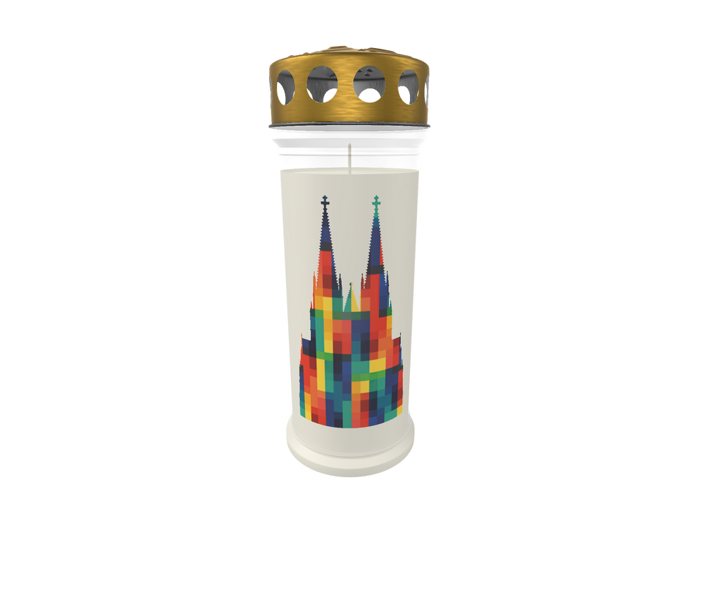 Personalisierte Gedenkkerze mit farbigem Kölner Dom-Motiv, goldener Deckel, modernes Design – Symbol für Hoffnung, Liebe und Erinnerung.