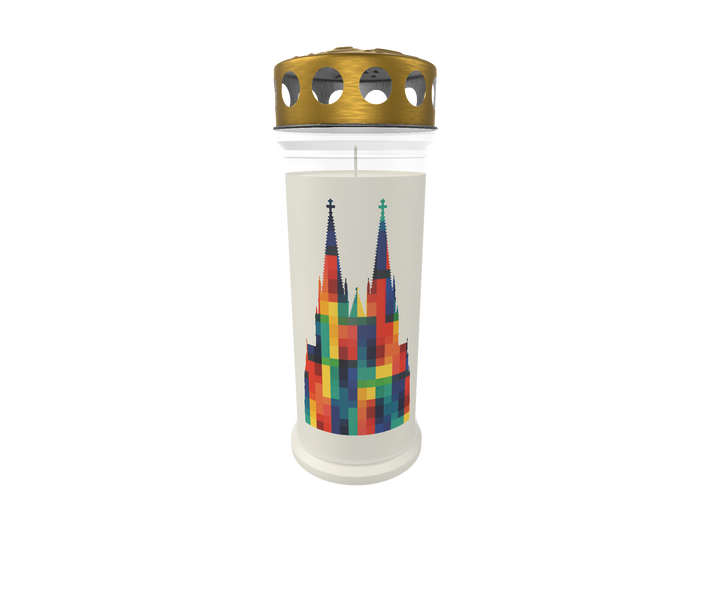 Personalisierte Gedenkkerze mit farbigem Kölner Dom-Motiv, goldener Deckel, modernes Design – Symbol für Hoffnung, Liebe und Erinnerung.