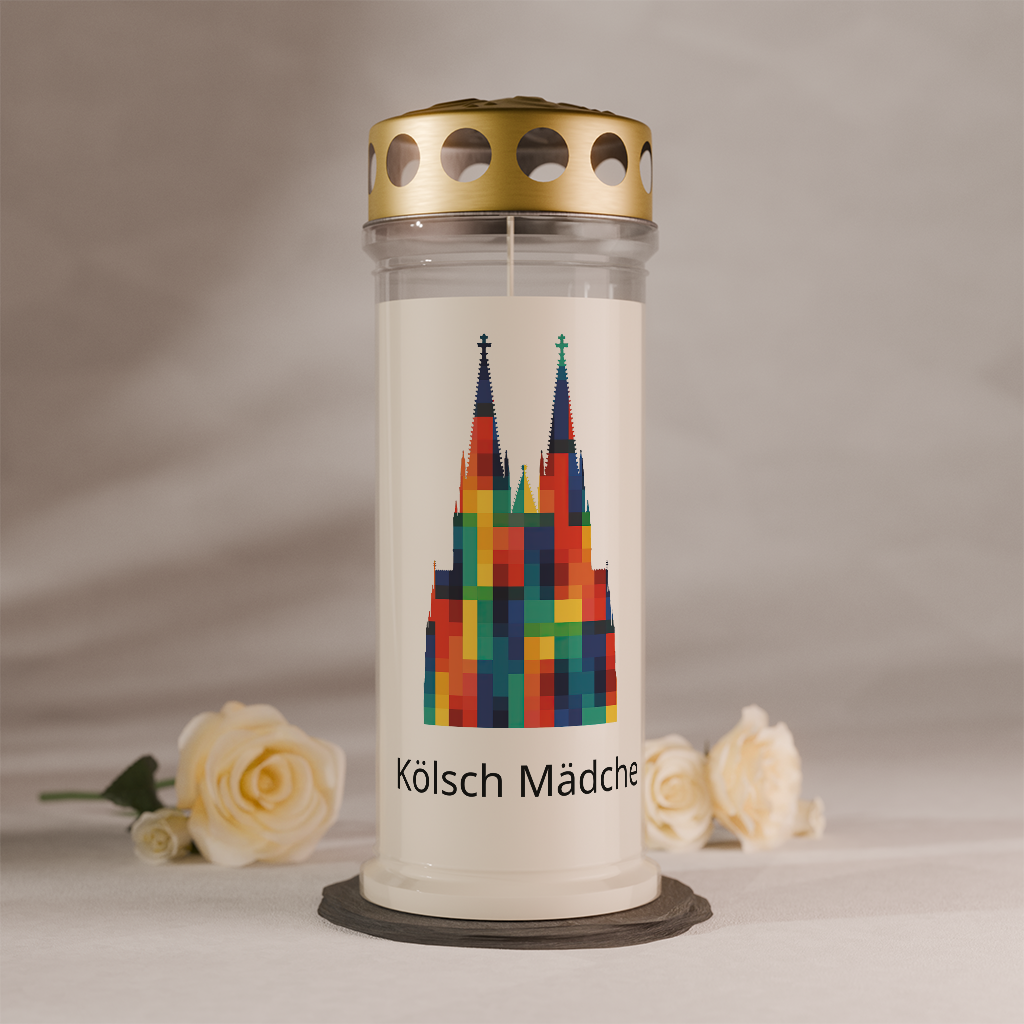 Gedenkkerze mit Kölner-Dom-Motiv in Regenbogenfarben und Aufschrift Kölsch Mädche mit 7 Tage Brenndauer