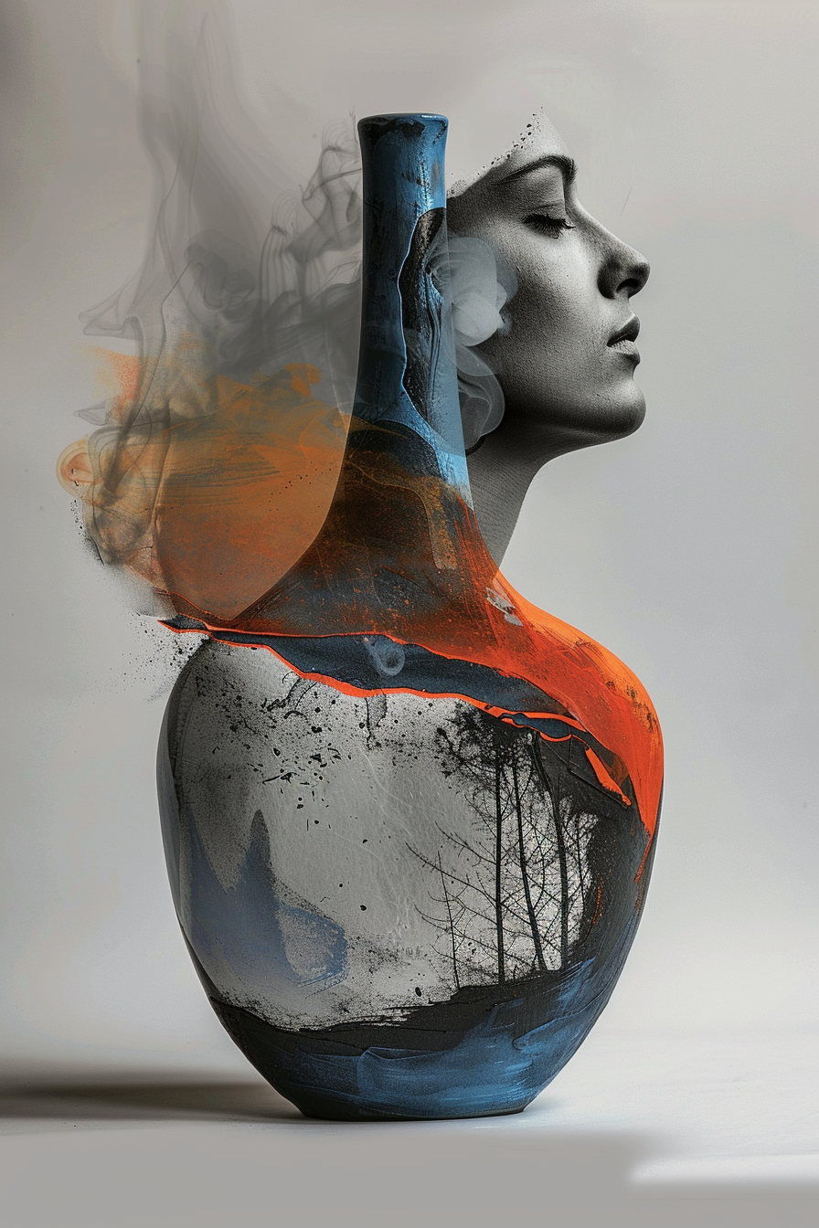 surrealistische frau verschmilzt mit vase in rauch und farbe
