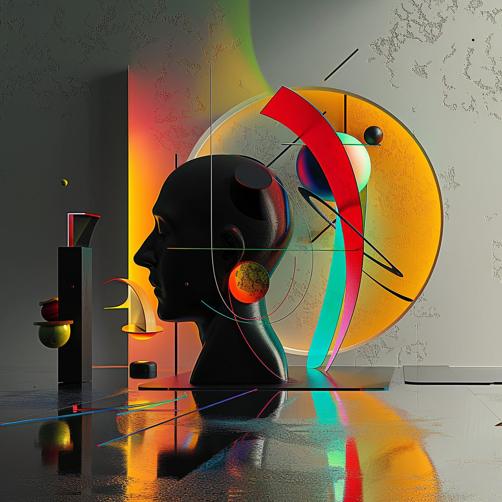 Abstraktes digitales Kunstwerk eines dunklen menschlichen Kopfes in Seitenansicht, umgeben von leuchtenden geometrischen Formen in Orange, Rot und Türkis, auf spiegelndem Untergrund.
