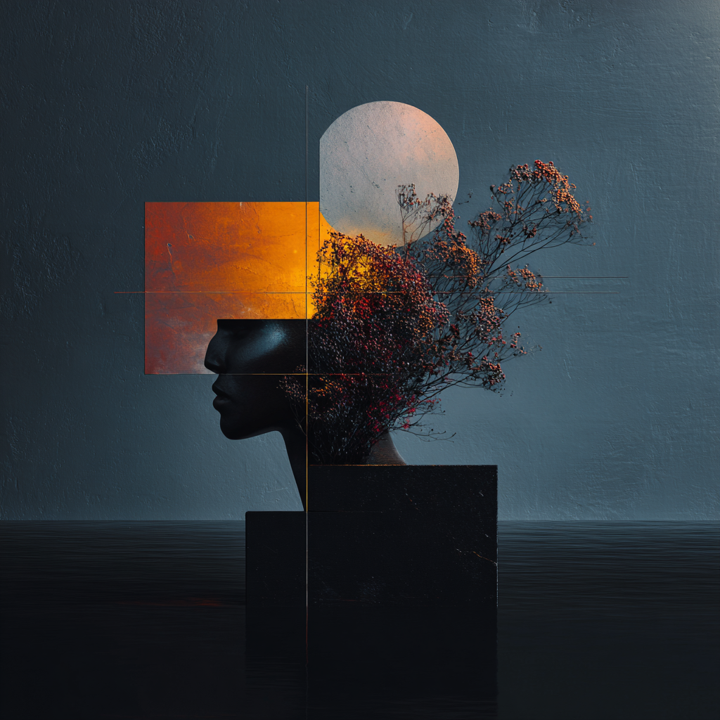 Abstrakte Komposition eines dunklen Profils, kombiniert mit geometrischen Formen, leuchtenden Farbfeldern und einem Astwerk, das aus dem Kopf wächst.
