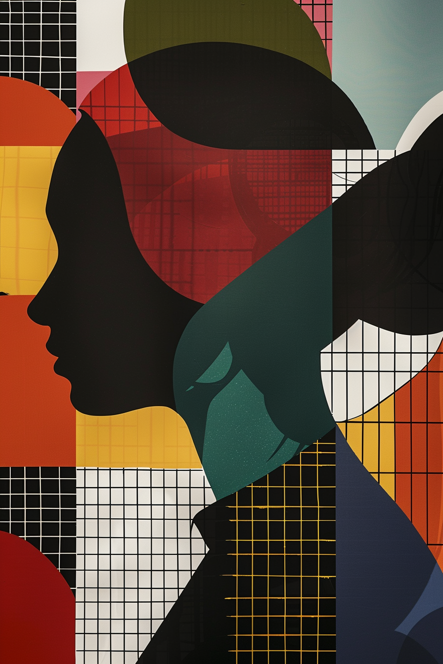 Abstrakte Komposition aus überlappenden Silhouetten und geometrischen Farbflächen in Rot, Gelb, Grün und Schwarz – rhythmisch strukturiert durch Gittermuster und klare Linien.
