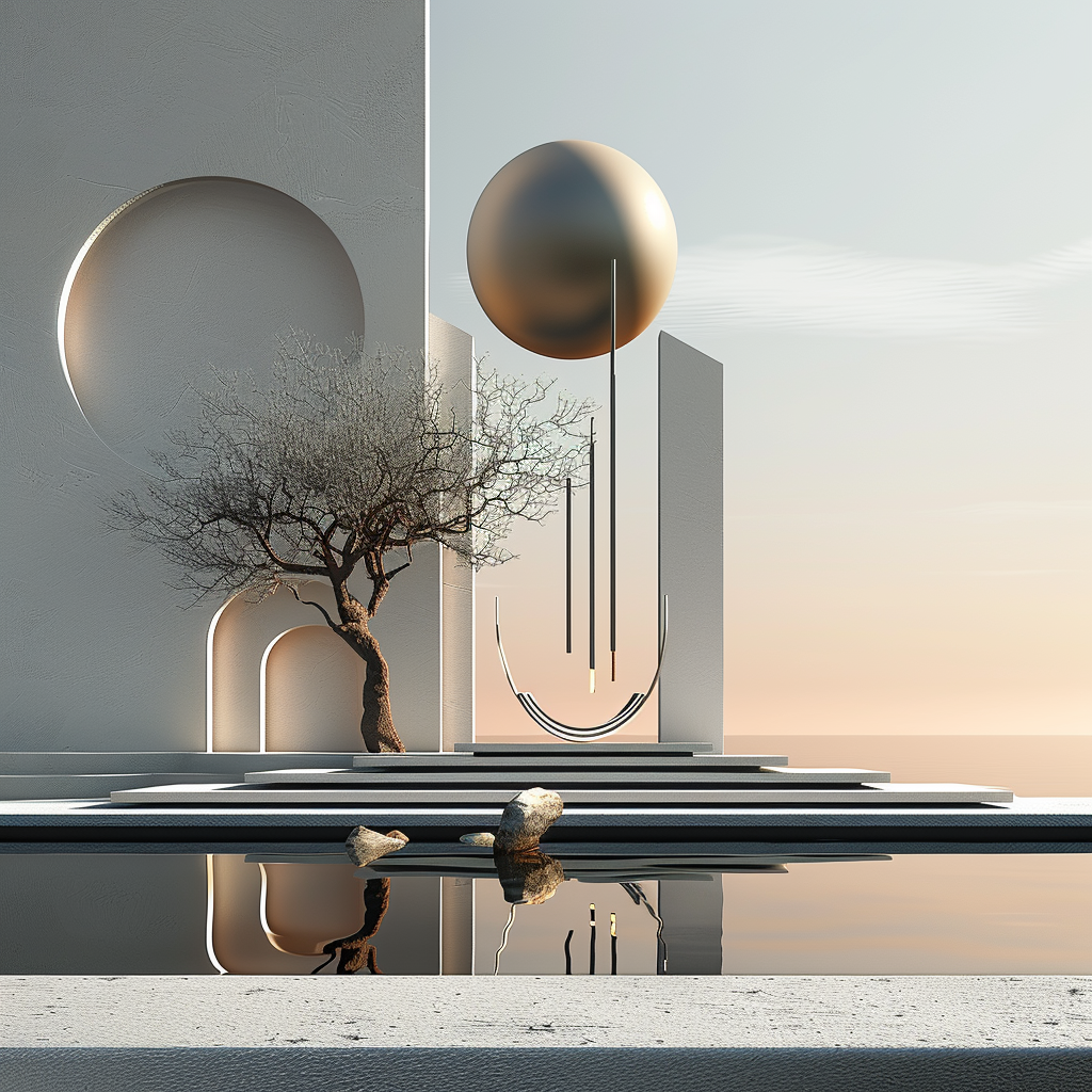 Minimalistisches surrealistisches Kunstwerk mit geometrischen Formen, einem kahlen Baum und einer goldenen Kugel über ruhigem Wasser – Symbol für Balance und Stille.
