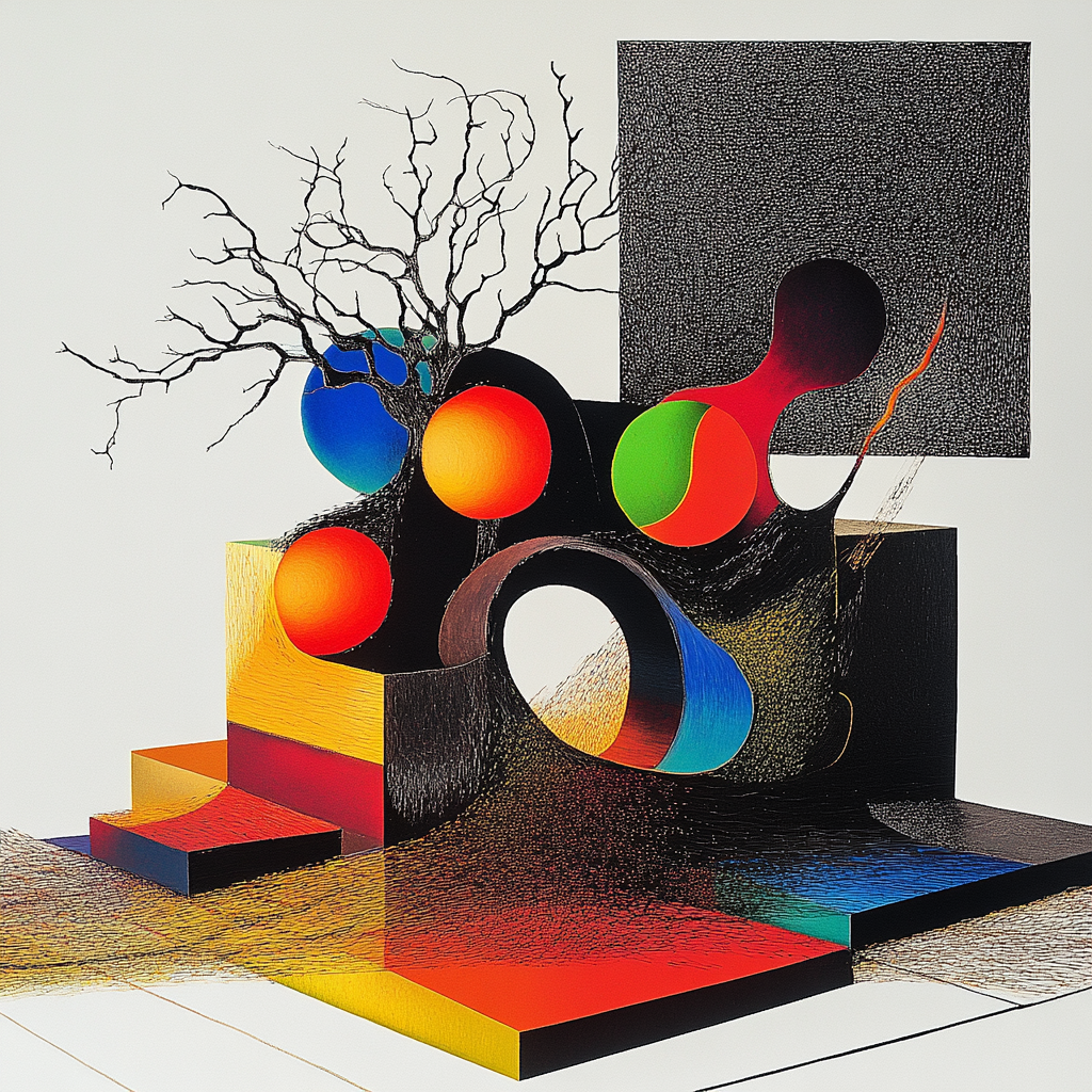 abstrakte geometrische komposition mit bunten kugeln und schwarzen linien auf hellem hintergrund
