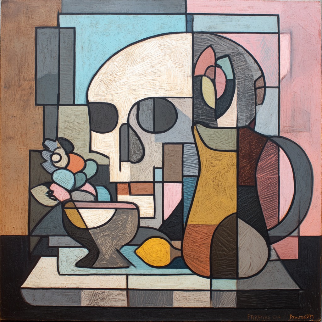 kubistisches stillleben mit schädel krug und früchten in geometrischen formen
