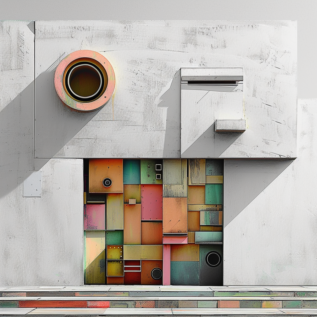 Abstrakte Wandkomposition mit geometrischen Formen, klaren Linien und farbigen Akzenten in Pastelltönen.
