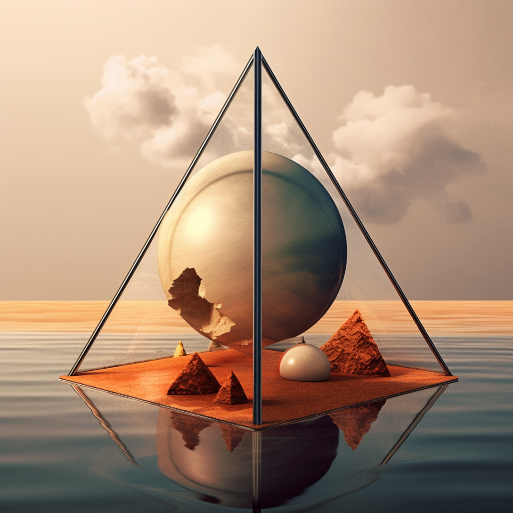 Surreale Szene mit goldener Kugel und Pyramiden in einer gläsernen Struktur über ruhigem Wasser – Symbol für Raum, Balance und zeitlose Harmonie.

