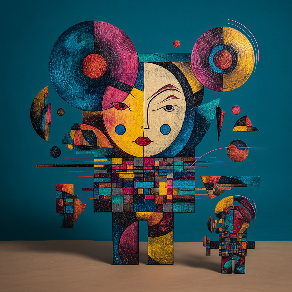 Abstrakte geometrische Komposition mit menschlichem Gesicht aus bunten Formen – ein Spiel aus Kreisen, Quadraten und Linien in leuchtenden Farben auf dunklem Hintergrund.
